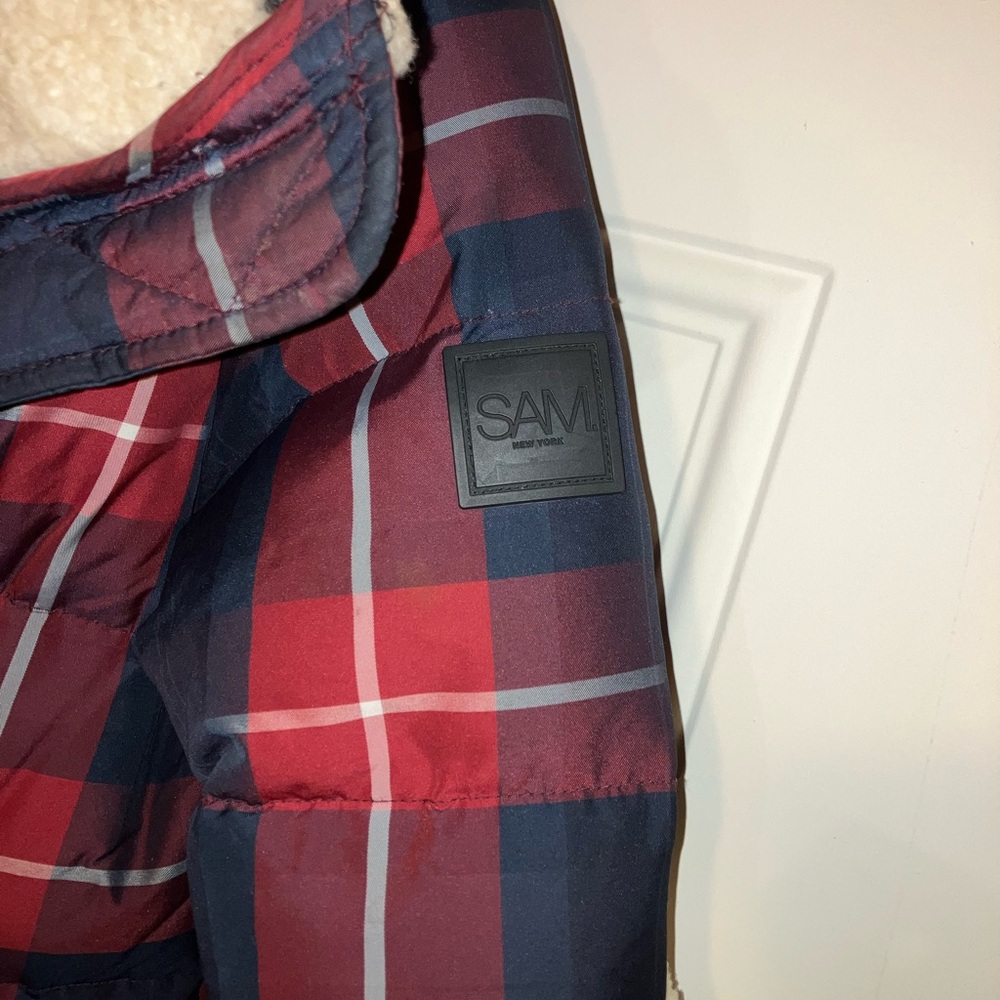SAM Mackenzie Lamb Shearling Plaid Goose Down Jacket Red Blue Women's XS - Picture 7 of 11